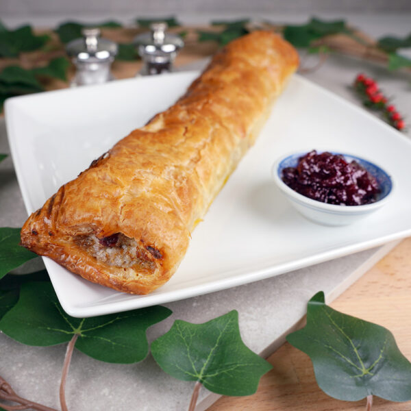 Foot long pork, chicken, stuffing and cranberry sausage roll