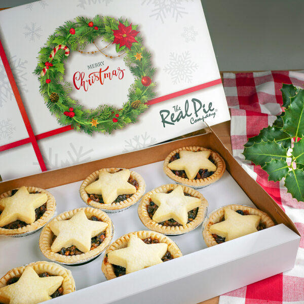 8 boozy mince pies in a christmas gift box