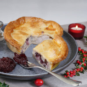 turkey, ham and cranberry large family pie cut